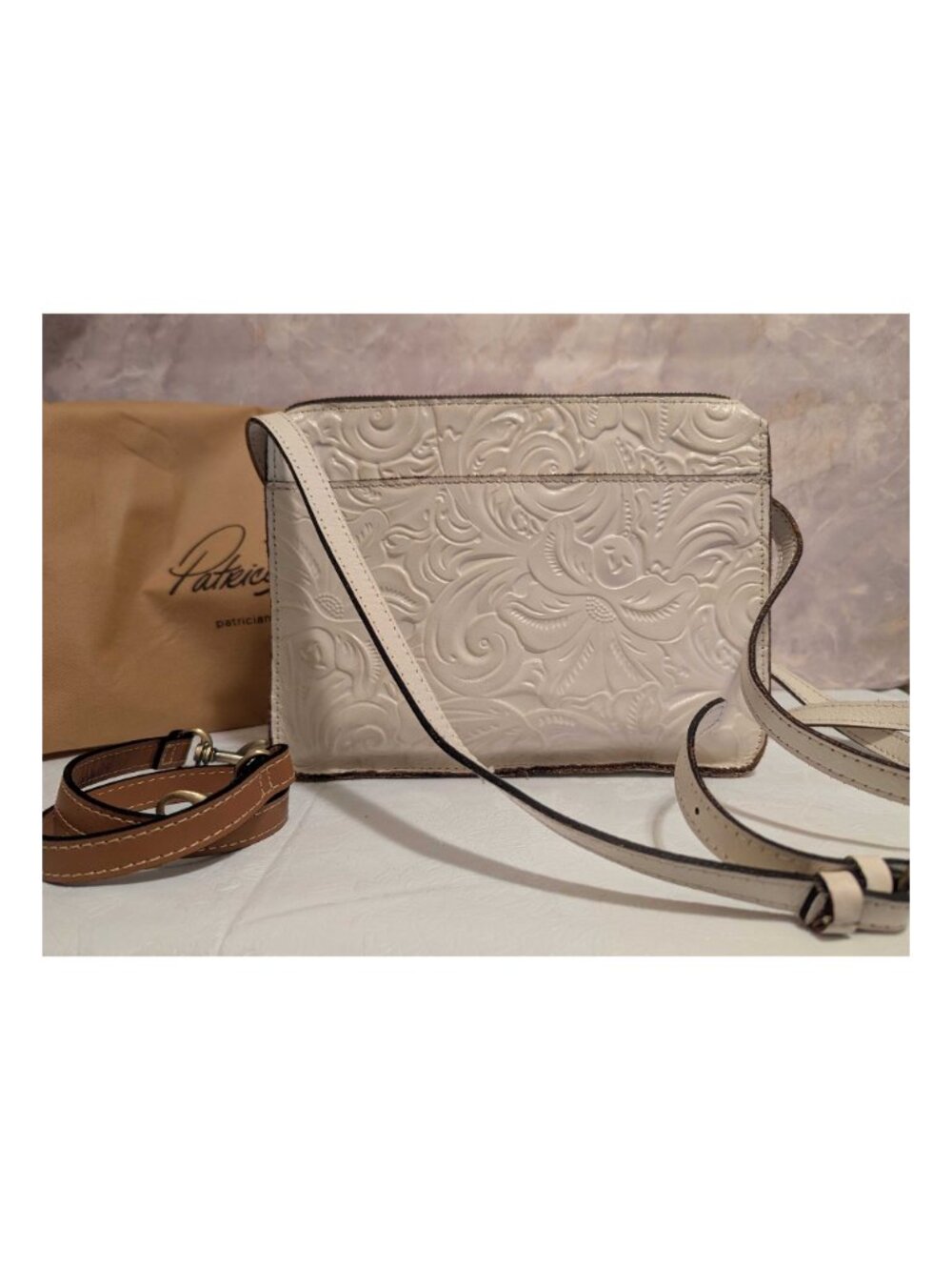 Patricia Nash White Tooled Leather Convertible Purse Handbag